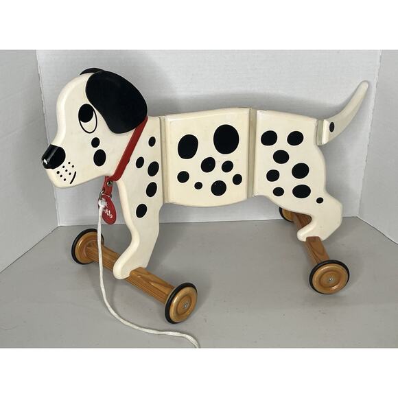 VINTAGE DOG PUSH/PULL TOY WIGGLING WOODEN FLEXIBLE SPOTTY NAME TAG DALMATION - Picture 3 of 3
